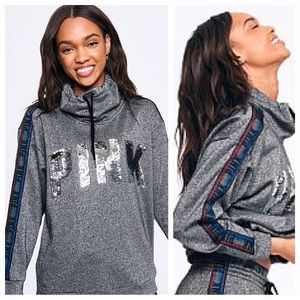 Victorias Secret Pink Sequin Bling Campus Cowl Neck Sweater Jacket Top M